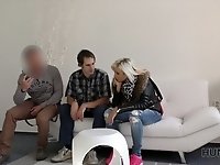 Two dudes pick up amateur blond chick and fuck her one after another