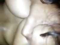 my cumslut takes a huge facial then swallows cock and licks balls