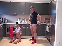 Homemade video with a blonde babe giving a blowjob in the kitchen