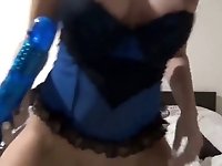 horny stepsister fucks her pussy with a blue dildo