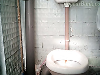 Chunky white slut climbs on a shitter to piss and gets filmed on cam