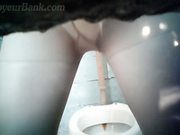 White lady in white panties and nylon pantyhose pisses in the toilet