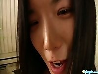 Asian chick Almond tries to satisfy her pussy with a favorite sex toy