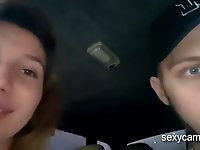 Slutty blonde gets creampied after riding her friends in car