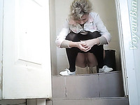 Blonde cute sweetheart in the public restroom filmed upfront