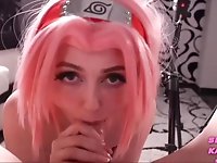 Sakura cosplayer fucking her master Kakashi on a webcam stream