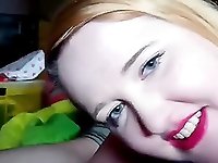 Beautiful blonde fat girlfriend sucking on boyfreinds fat dick and gets filmed up close