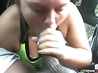 White chubby girlfriend sucking a big black dong in the car ended with cum swallow