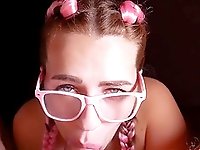 Pretty milfF in Glasses Blowjob and Swallow