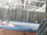 Voyeur hidden cam films horny mature couple having sex in the pool