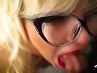 Cute Mommy Deepthroat Sucking Sloppy Throbbing Dick and Gets Cum on Glasses