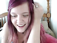 Wondrous pink haired emo webcam chick in blue tank top exposed her butt