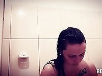 Milf with natural big boobs shower