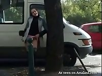 Lewd amateur German bootyful brunette flashes her cunt outdoors