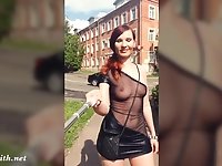 "Summer Walk. Jeny Smith walking in public with the transparent dress"