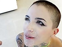 Bald slut fucked on cam in dirty scenes and made to swallow a lot